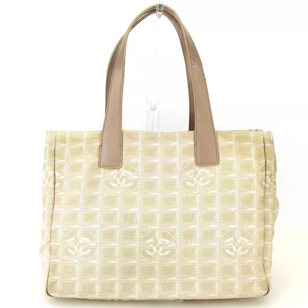 CHANEL tote bag New Travel line beige nylon jacquard ?~ leather used T16934